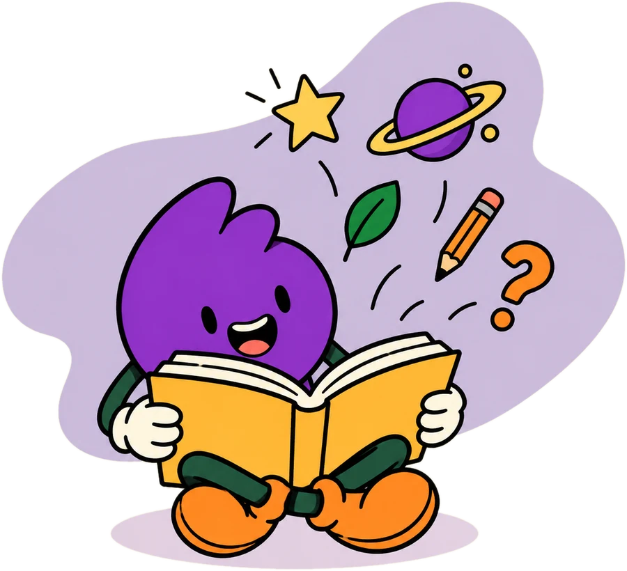 O mascote da Escola Científica lendo um livro, com uma estrela, um planeta, uma folha e um lápis saindo das páginas